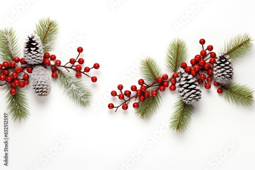 Christmas card with natural decorartion. Pine cones, red berries and pine tree branches. Generative AI