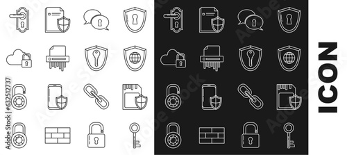 Set line Key, SD card and shield, Shield with world globe, Protection of personal data, Paper shredder confidential, Cloud computing lock, Door handle and key icon. Vector