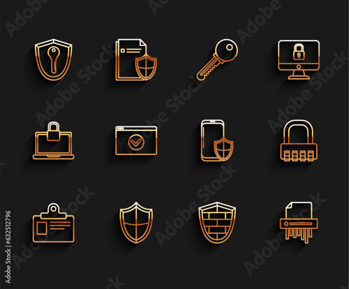 Set line Identification badge, Shield, with key, cyber security brick wall, Paper shredder confidential, Secure your site HTTPS, SSL, Safe combination lock and Smartphone shield icon. Vector