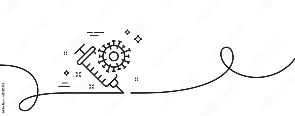 Coronavirus vaccine line icon. Continuous one line with curl. Covid-19 syringe sign. Corona virus symbol. Coronavirus vaccine single outline ribbon. Loop curve pattern. Vector Coronavirus vaccine line icon. Continuous one line with curl. Covid-19 syringe sign. Corona virus symbol. Coronavirus vaccine single outline ribbon. Loop curve pattern. Vector