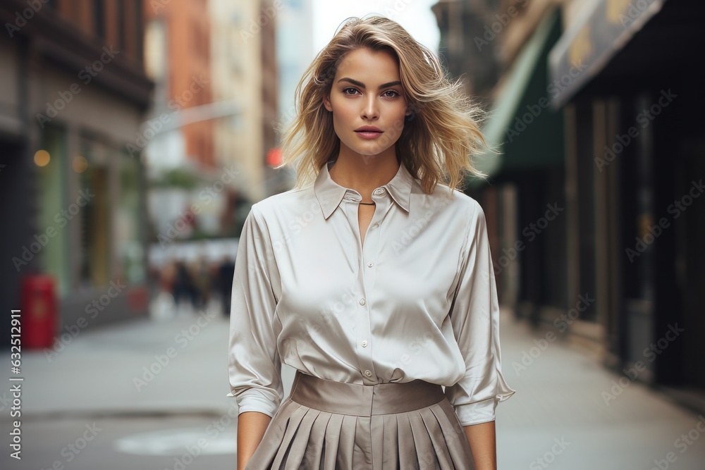 Neutral-toned Midi Skirt Paired with a Tucked-in Blouse, Generative AI