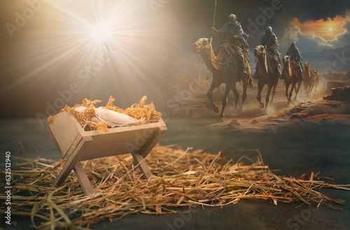 Photo Birth of Jesus Christ in Bethlehem, star shinning on the manger, three kings rid