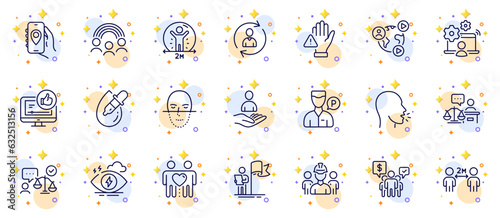 Outline set of Leadership, Inclusion and Engineering team line icons for web app. Include Face recognition, Lawyer, Teamwork pictogram icons. Valet servant, Friends couple, Court judge signs. Vector