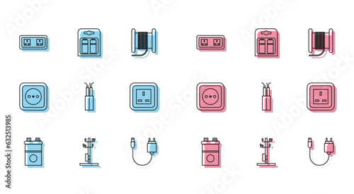 Set line Car battery, High voltage power pole line, Electrical outlet, Charger, cable, and Battery pack icon. Vector