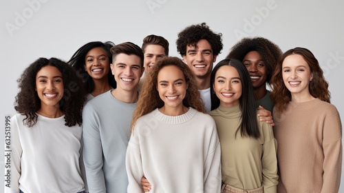  Group of young people from different ethnicities smiling and standing together isolated on white ba