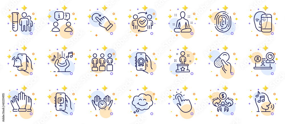 Outline set of Capsule pill, Face biometrics and Parking app line icons for web app. Include Rotation gesture, Voicemail, Success pictogram icons. Interview, Fingerprint, Yoga signs. Vector Outline set of Capsule pill, Face biometrics and Parking app line icons for web app. Include Rotation gesture, Voicemail, Success pictogram icons. Interview, Fingerprint, Yoga signs. Vector