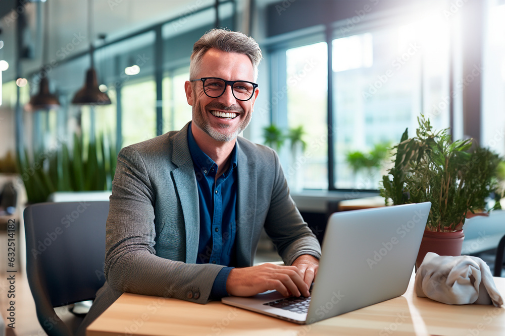 Un hombre sonriente con gafas utiliza un ordenador portátil en la oficina mientras está sentado en su escritorio.