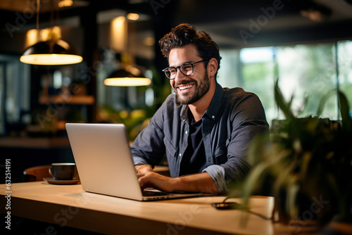 Un hombre sonriente con gafas utiliza un ordenador portátil en la oficina mientras está sentado en su escritorio. photo