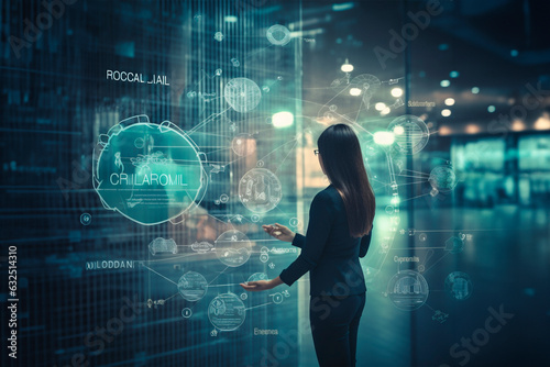 Mujer en plano medio utilizando inteligencia artificial, bog data. Pantallas futurísticas