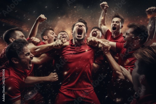 In red clothes. Group of football soccer players celebrating a victory. Beautiful illustration picture. Generative AI