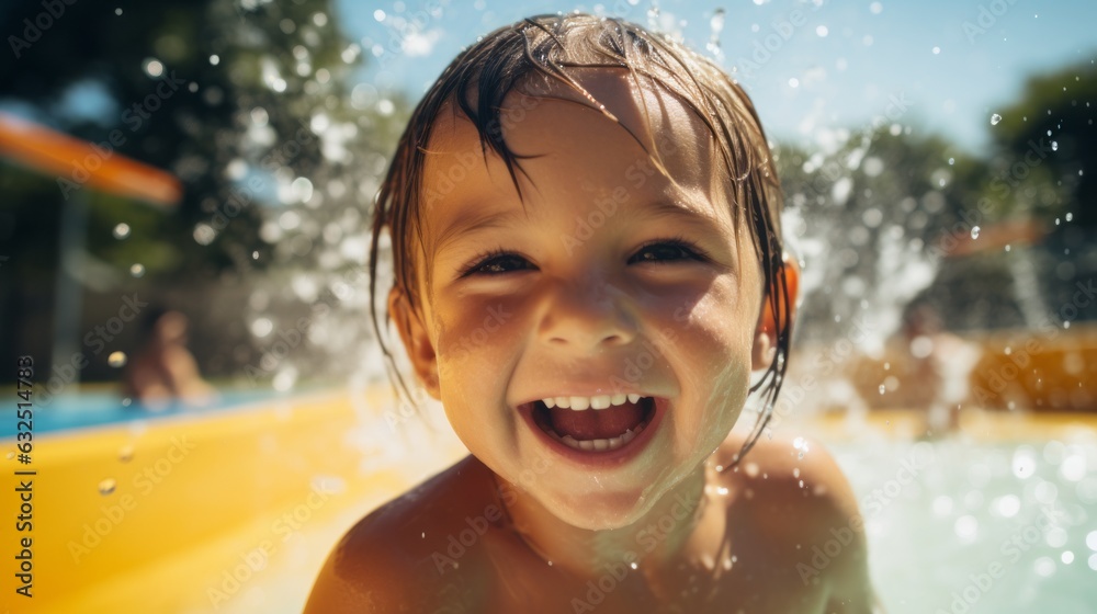 Happy child splashes and plays in a swimming pool. Beautiful illustration picture. Generative AI Happy child splashes and plays in a swimming pool. Beautiful illustration picture. Generative AI