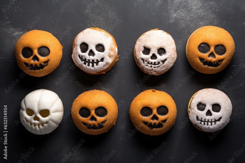 Obraz premium Halloween baking on dark background. Different desserts and small seasonal cakes. Generative AI