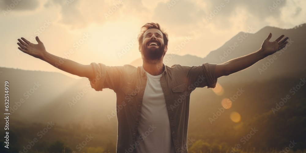 Happy man with his arms open is standing in sunlight. Beautiful illustration picture. Generative AI Happy man with his arms open is standing in sunlight. Beautiful illustration picture. Generative AI