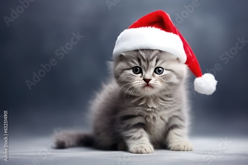 Cute cat wearing a Christmas Hat on a dark background. Generative AI © Gelpi