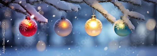 Christmas ball hanging on a snowed branch outside. Seasonal decoration. Generative AI © Gelpi