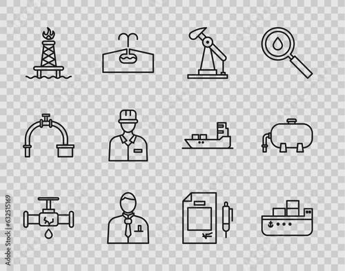 Set line Broken pipe with leaking water, Oil tanker ship, pump or pump jack, Businessman stock market trader, rig fire, Oilman, Contract money and pen and industrial factory building icon. Vector