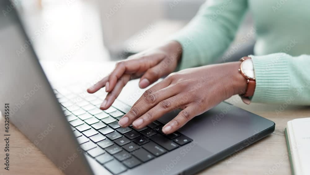 Hands, woman and laptop typing for remote work in home with digital planning, online research and blog information. Closeup, freelancer and computer keyboard for elearning, social media and telework