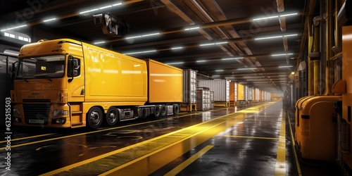 Big truck. Logistics concept, yellow color. Beautiful illustration picture. Generative AI