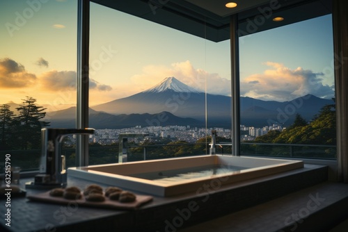 Luxury Hotel Bathtub at bath room with Fuji mountain background. Generative AI © itchaznong