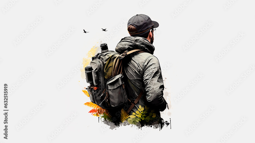 AI generated: illustration of a man with his back turned. Backpack and professional travelling photographer