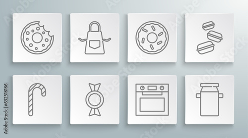 Set line Christmas candy cane, Kitchen apron, Candy, Oven, container for milk, Donut, Macaron cookie and icon. Vector