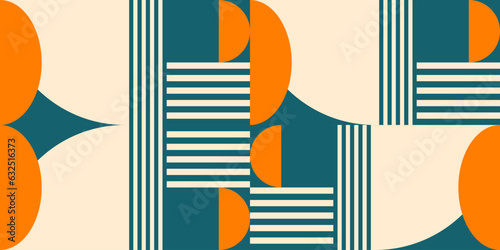 Modern vector abstract  geometric background with circles, rectangles, squares and stripes  in retro Bauhaus style. Pastel colored