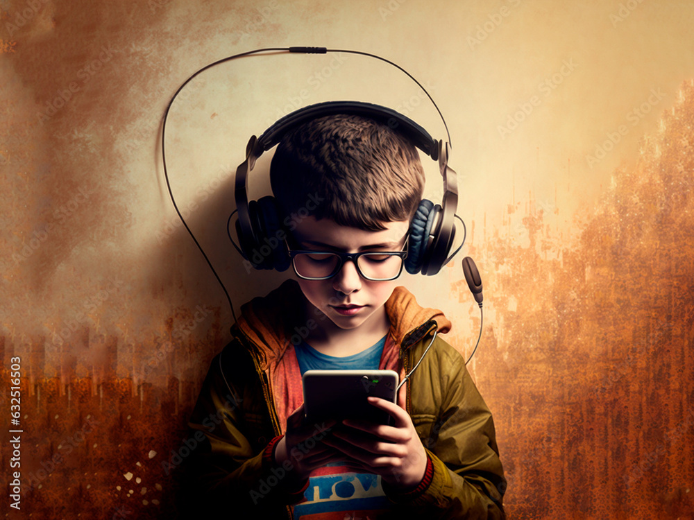 illustration of a sad child listening to a musical so as not to hear screaming