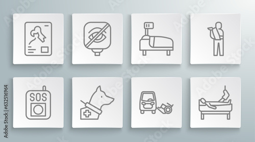 Set line Press the SOS button, Blindness, Guide dog, Disabled car, Patient with broken leg, Hospital bed, Human arm and X-ray shots icon. Vector