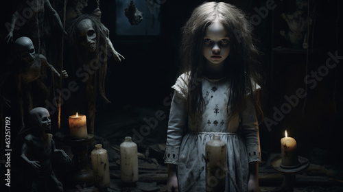 Scene featuring a haunted child  eerie and unsettling