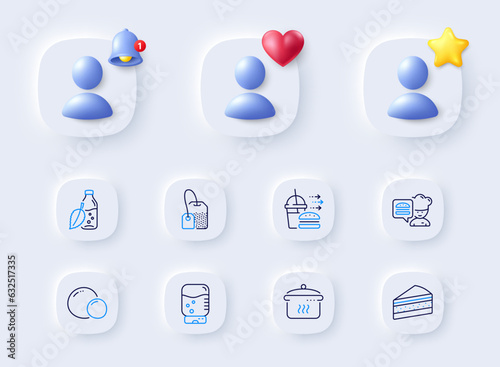 Food delivery, Tea bag and Water bottle line icons. Placeholder with 3d bell, star, heart. Pack of Chef, Water cooler, Cake icon. Peas, Boiling pan pictogram. For web app, printing. Vector