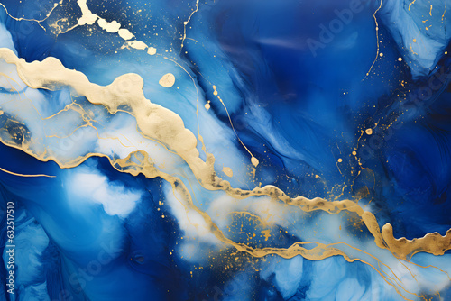 Abstract blue alcohol ink background. Gold glitter elements and splashes, blurs, stains. Modern horizontal banner. Marble surface. 