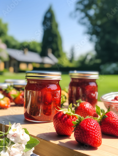 Strawberry jam in a glass jar, fruits, homemade jam, garden background, farm, organic product, breakfast, strawberries, fruits and nature, leaves and flowers 