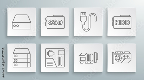 Set line Server, Data, Web Hosting, SSD card, Motherboard digital chip, Video graphic, USB cable cord, Hard disk drive HDD and icon. Vector