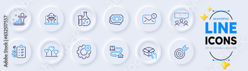 Meeting, Tracking parcel and Hold box line icons for web app. Pack of Loyalty points, Winner, Love heart pictogram icons. Chemistry flask, Cogwheel, New message signs. Fraud, Target, Diet menu. Vector