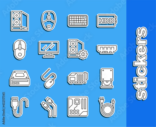 Set line Electric plug, Optical disc drive, RAM, random access memory, Keyboard, Computer monitor screen, mouse, Case of computer and icon. Vector