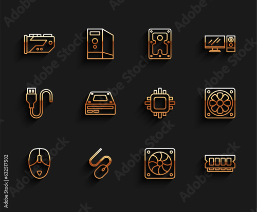 Set line Computer mouse, Video graphic card, cooler, RAM, random access memory, Optical disc drive, and Processor with CPU icon. Vector