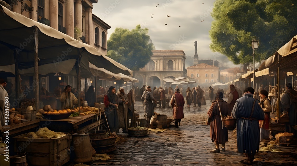 Representation of the streets of classical Rome. Antique market.