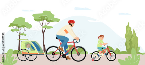 Happy and healthy family characters with kids cycling in summer. Father riding bicycle with child in trailer. Daddy together with daughter at leisure outdoor Flat vector illustration isolated on white