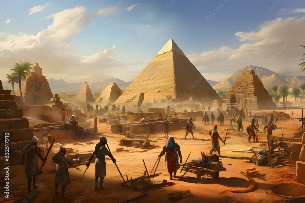 Ancient Egyptian workers building the pyramids. - obrazy, fototapety, plakaty 