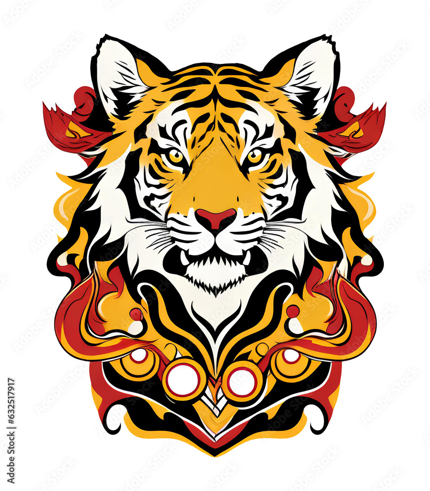 Red and yellow colorful logo, minimalistic illustration with the image of a tiger's head, T-shirt design, concise and stylish sticker for printing