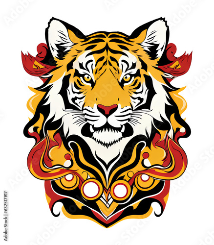 Red and yellow colorful logo  minimalistic illustration with the image of a tiger s head  T-shirt design  concise and stylish sticker for printing