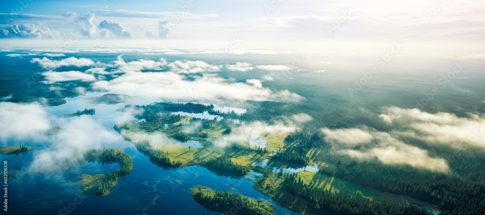 Aerial view of a lake and rivers and green forest. Ecology and environment.