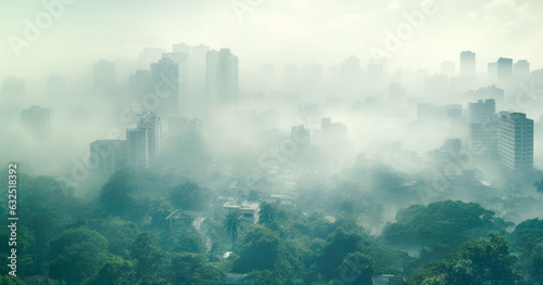 Aerial view reveals the alarming reality of air pollution, as thick smoke engulfs the dirty urban city, highlighting the urgent need for environmental action.