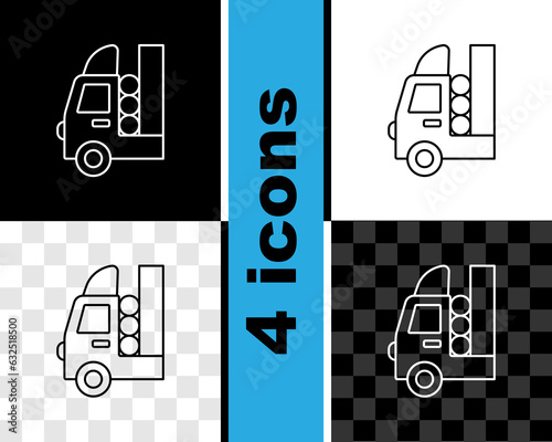 Set line Gas tank for vehicle icon isolated on black and white, transparent background. Gas tanks are installed in a car. Vector