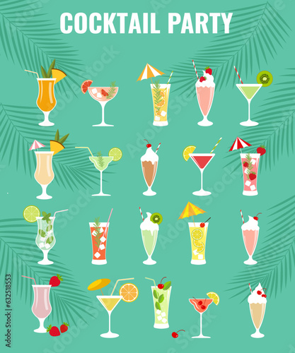 Vector illustration, banner of 20 different cocktails, smoothies. Web icons.