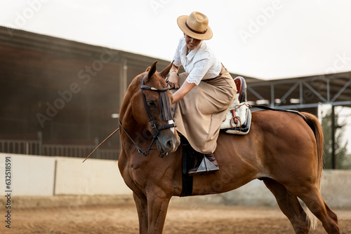 A cute girl in neat clothes is on her brown horse with an amazon mount on the outside of the stable. The woman repositions the horse's head. The animal is of the algo-Arab breed.