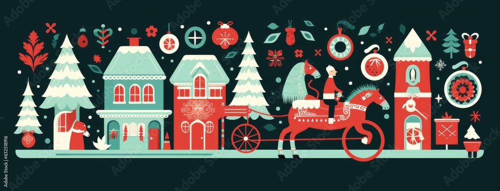 Color illustration of a village at Christmas. Generative AI