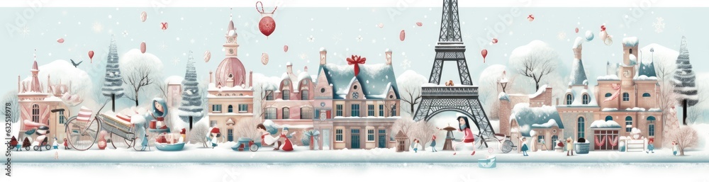 Christmas Illustration of Paris with the most known monuments. Generative AI