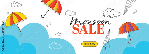 Monsoon Sale Banner or Header Design with Clouds, Umbrella, Paper Boat, Water Drops on White and Blue Background.