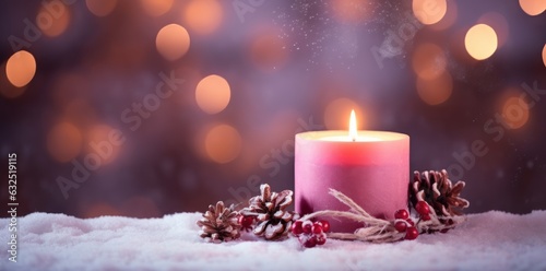 Beautiful candle on the snow With Christmas Decoration. Generative AI
